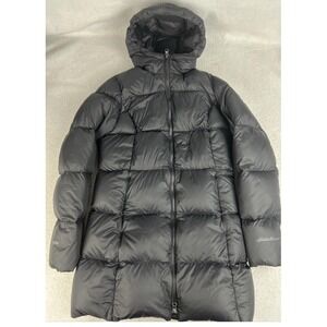 Eddie Bauer Jacket LARGE Black Long EB 550 Goose Down Hooded‎ Puffer Gorp Core